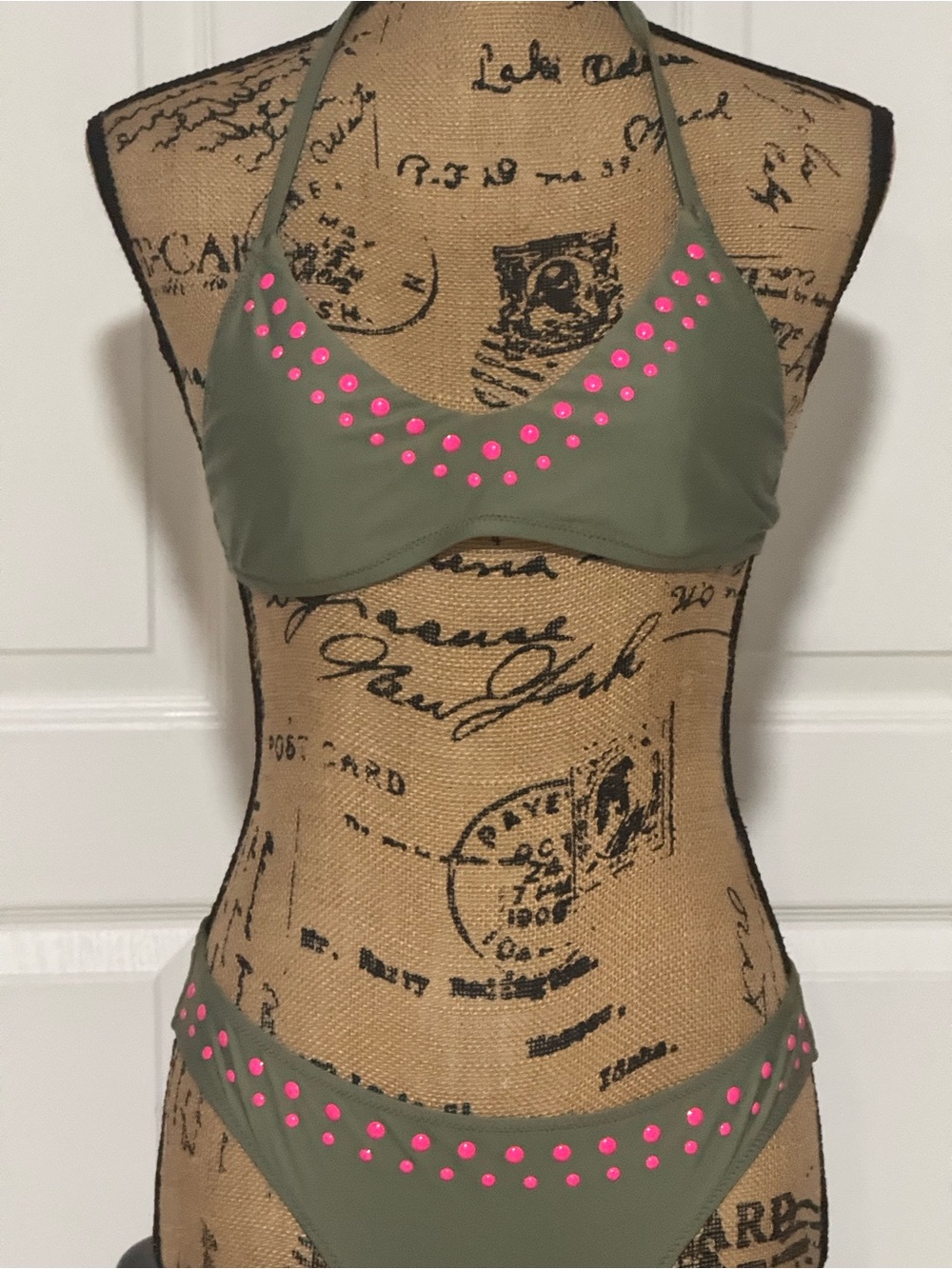 aerie Olive Green Bikini with Pink Stud Accents